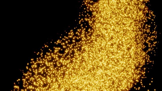 Golden particles swirling and flowing smoothly on a black background, creating a loop visual effect