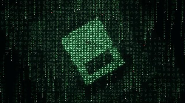 Digital matrix background with rotating green binary code square and glitching data stream effects