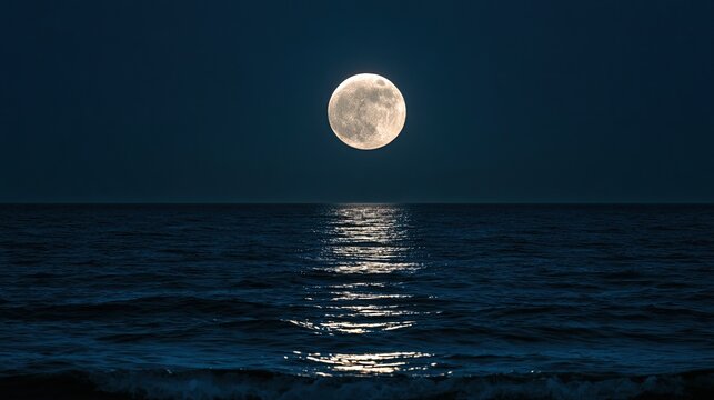 Full moon reflects brightly on calm ocean waves under a dark night sky