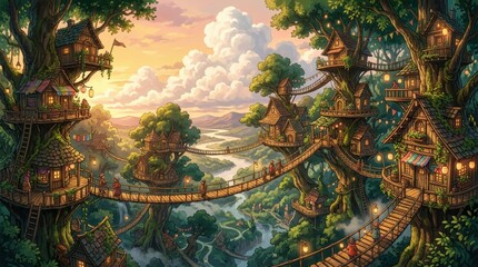 Fototapeta premium Fantasy treehouse village with wooden bridges connecting giant trees in a lush forest landscape.