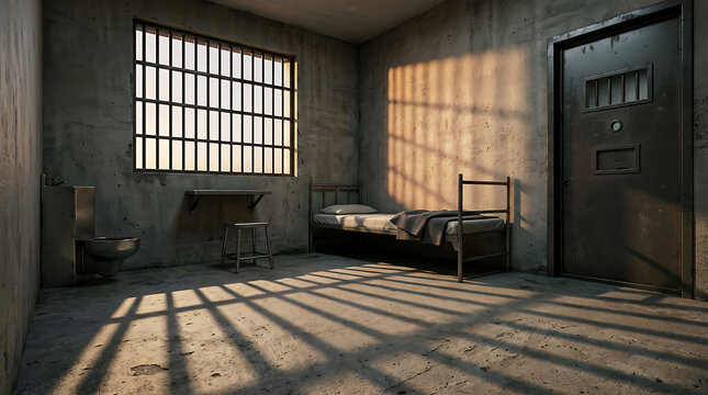Empty prison cell with metal bed and barred window.