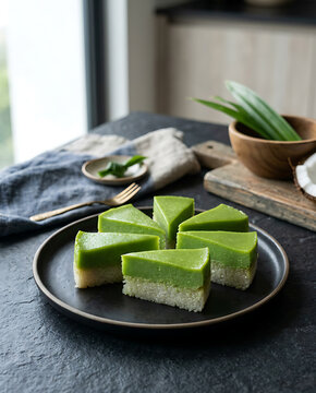 Premium food photography of traditional Malaysian Kuih Seri Muka, featuring layered glutinous rice and pandan dessert served on a dark ceramic plate with fresh pandan leaves and coconut ingredients 