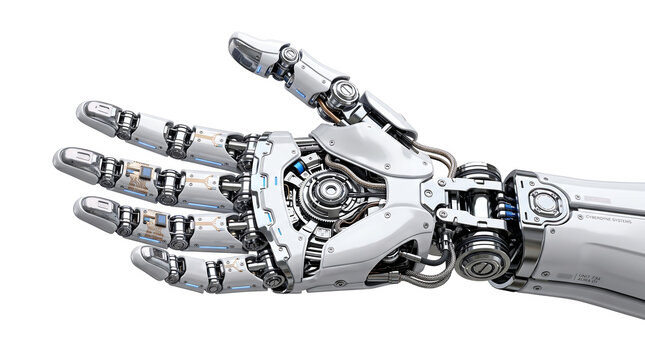 Robotic hand with mechanical fingers isolated on white