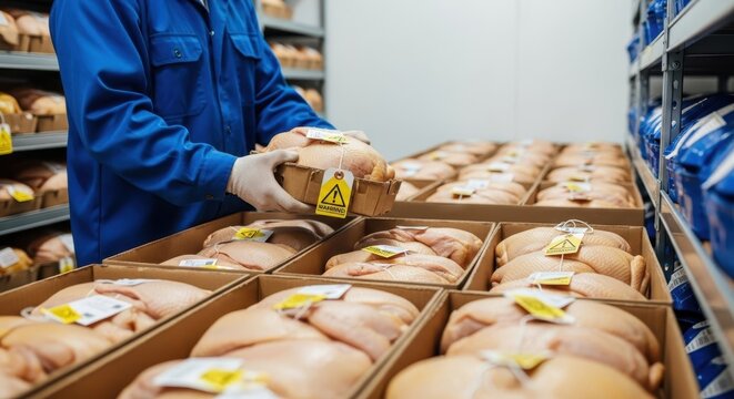 Food industry worker meticulously packaging raw chicken breasts in a cold storage facility, ensuring quality and safety before distribution.