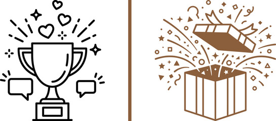 Naklejka premium Trophy cup icon with hearts and open gift box vector illustration with exploding confetti for celebration and reward