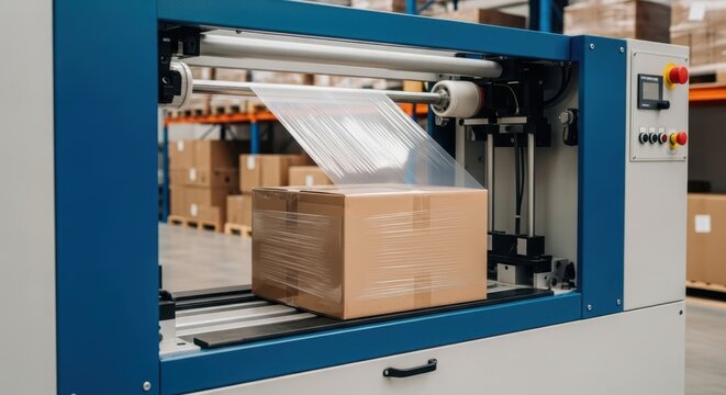 Industrial shrink wrap machine securing a cardboard box for efficient product packaging and shipping