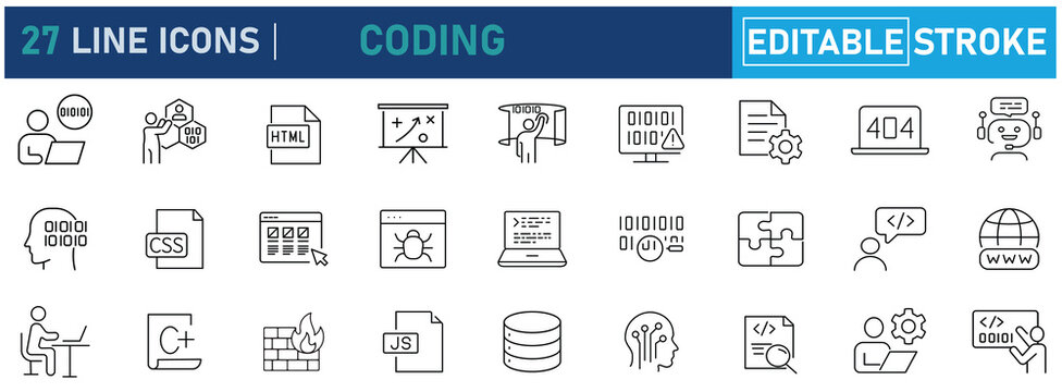 Coding Line Icon Set.. Contains to related icons software development, HTML, CSS, JavaScript, C++, database, debugging,leadership  and more. Editable stroke. Vector illustration.