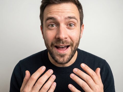 Surprised man with beard expressing shock and excitement on a plain white background
