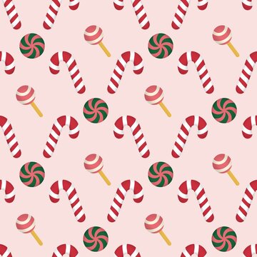Holiday seamless pattern with candy canes, lollipops, and peppermint