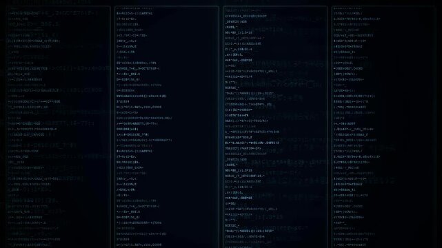 Digital scrolling computer code on dark screen representing software development and cybersecurity data processing