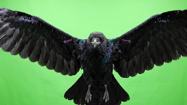 Majestic black raven bird soaring forward with wings spread wide against a vibrant green screen background striking cinematic close-up flight footage.