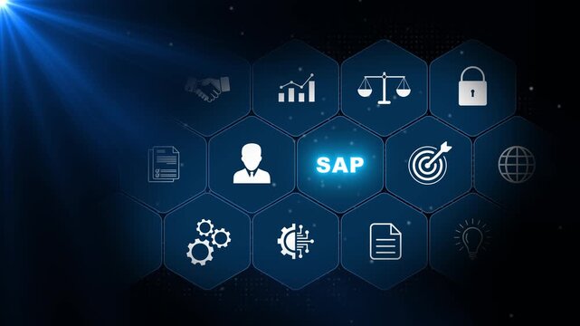 SAP enterprise management concept with business software, analytics, workflow and resource planning icons in blue hexagons on a dark background