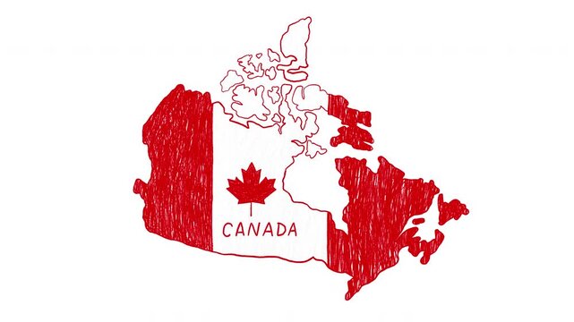 Animated hand drawn map of Canada filled with the national flag design and maple leaf symbol. Red and white sketch style illustration representing Canadian geography and national identity