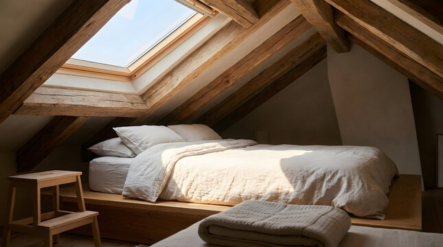 Cozy attic loft bedroom featuring a wooden platform bed with white linen bedding nestled under a large sloped skylight window and exposed timber beams with natural sunlight