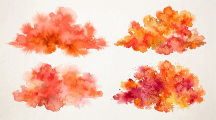 Fototapeta premium Set of bright orange and red watercolour gradient textured fluffy cloud shape stain backgrounds. Abstract warm colors wash technique watercolor blotch for nature sky concept, brush stroke texture