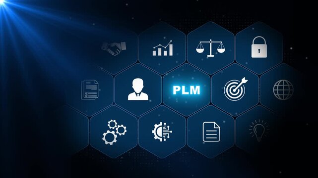 PLM product lifecycle management concept with engineering, design, manufacturing and workflow icons in glowing blue hexagons on a dark background