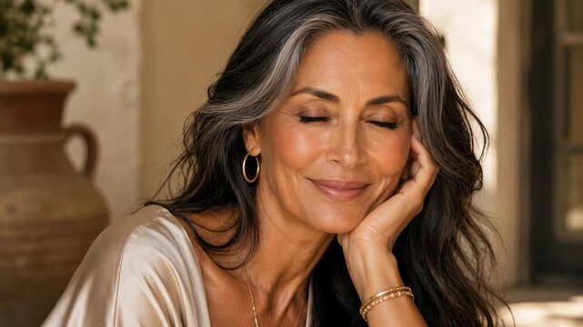 Elegant mature South Asian woman with silver streaked hair smiling confidently in a beauty portrait, healthy aging, natural skincare and timeless elegance concept.