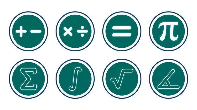 Mathematical symbols icon set, 8 green circle math signs, algebra and calculus vector elements for education