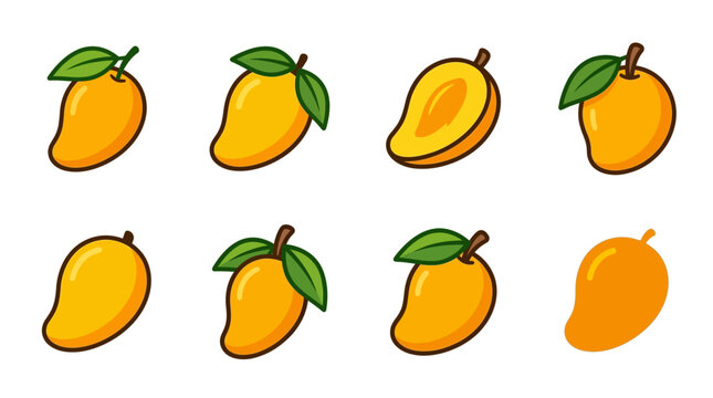 Mango fruit vector icons set, fresh yellow mango collection with green leaves, tropical organic fruit illustrations for food packaging and menus