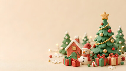 Fototapeta premium Cute Clay Craft Christmas Tree Snowman and Gifts on Warm Holiday Background with Copy Space