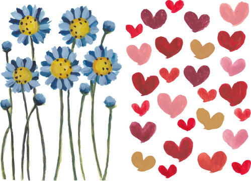 Flowers and heart pattern hand drawn watercolor art