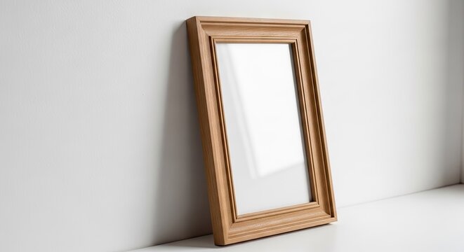 Empty wooden picture frame leaning against white wall.