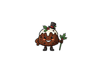 Fototapeta premium Smiling Christmas Pudding Mascot Wearing A Top Hat, Holly Sprig And Walking Stick, Cheerful Festive Dessert Character For Holiday Cards And Seasonal Design Vector Illustration