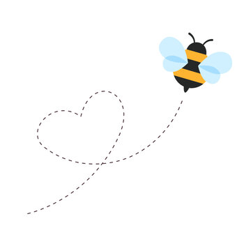 Cute flying bee with heart shaped dotted path