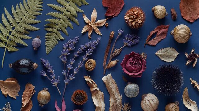 Vibrant dried botanical arrangement with ferns, lavender, roses, and seeds on deep blue background, showcasing natural textures and autumnal elements, symbolizing organic beauty and seasonal change