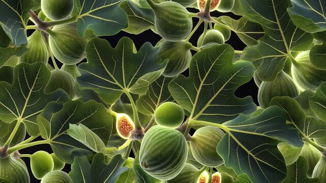 Vibrant figs growing on lush green tree branches with detailed leaves and ripening fruits, symbolizing nature, growth, and organic farming