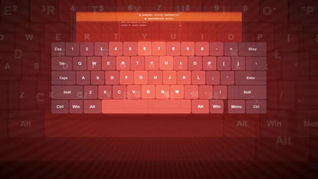 Digital computer keyboard with red glowing light effects and futuristic data processing interface