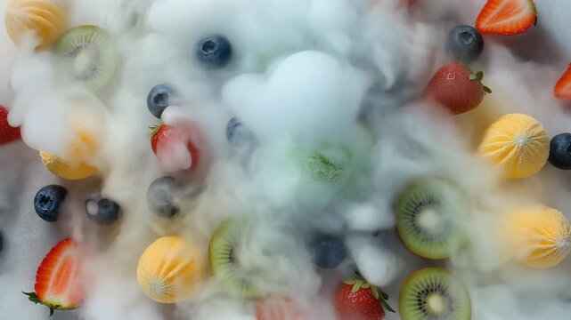 Vibrant fruit arrangement with sliced strawberries, kiwi, blueberries, and oranges surrounded by swirling smoke, symbolizing freshness, health, and natural beauty