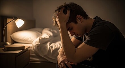 Fototapeta premium Stressed man sitting on bed in dark room.