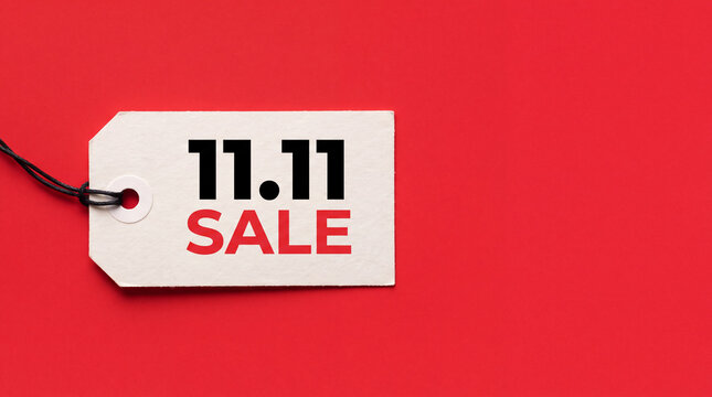 A promotional price tag for the 11.11 shopping festival featuring the text 11.11 SALE isolated on a bold red background for e-commerce marketing.