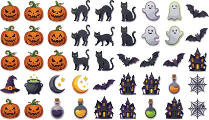 Obraz premium Spooky Halloween sticker collection featuring pumpkins ghosts black cats bats and haunted houses for festive holiday vector design