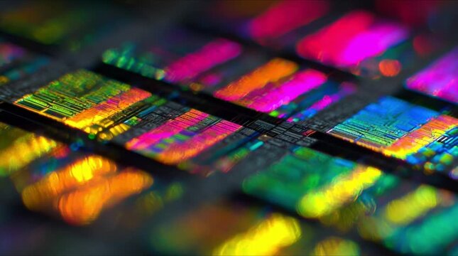 Macro view of silicon microchip wafer array with glowing spectral rainbow reflections and neon light highlights during precision semiconductor manufacturing process (AI Generated)