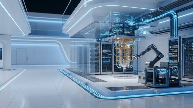 Futuristic Quantum Computer Laboratory with Robotic Arm and Advanced Data Server Infrastructure