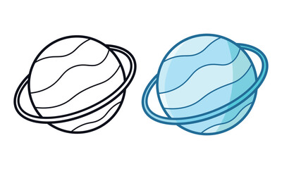 Cute blue ringed planet saturn uranus vector illustration set in line art and color for space coloring page © Crazy Monday Studio