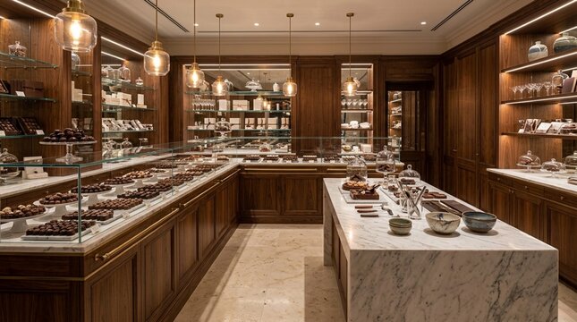 Luxury Chocolate Shop Interior Display, Gourmet Confections, Elegant Retail Store