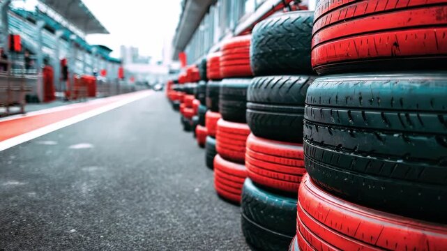 Close-up of a stack of red and black racing tires lined up on the asphalt pit lane. Motorsport concept and race preparation