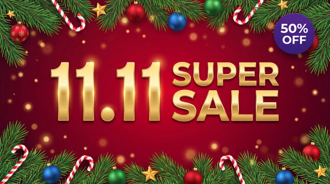 A festive 11.11 super sale promotional banner featuring golden text, pine branches, Christmas ornaments, and candy canes on a red bokeh background.