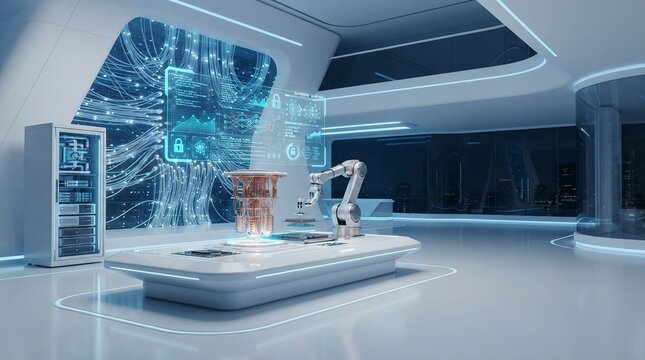 Futuristic Quantum Computing Laboratory with Robotic Arm and Advanced Digital Holographic Interface