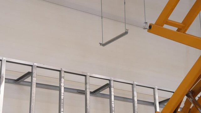 Metal stud framing framework for interior drywall partitions and suspended ceiling utility channels during commercial building fitout