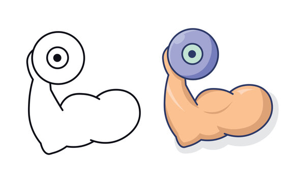 Strong arm flexing bicep muscle with eye illustration set in line art and color style for graphic design