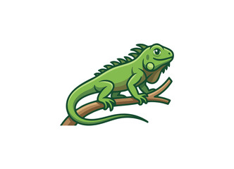 Fototapeta premium Green iguana reptile perched on a tree branch cartoon illustration
