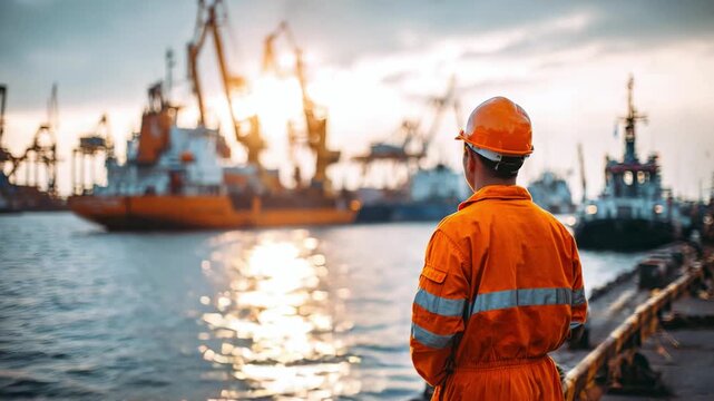 A worker in an orange protective suit and hard hat looks at a cargo ship and cranes in a port at sunset. Concept of logistics, shipping, industrial safety