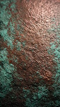 Light glides over oxidized copper revealing microscopic turquoise textures and rich bronze metallic tones