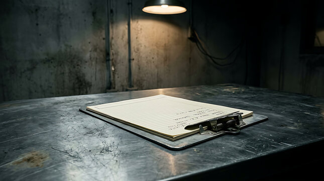 Open blank notebook on dark wooden table under warm light.