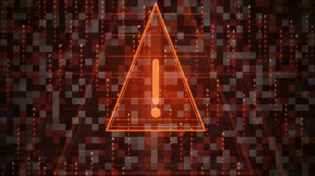 Digital security alert with glowing red warning sign over binary code and data background