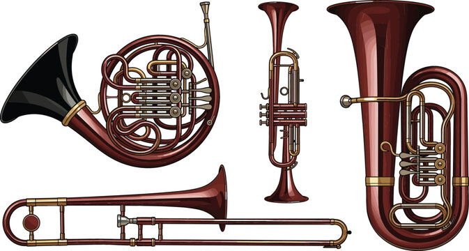 Vector illustration set of realistic copper brass musical instruments including french horn trumpet tuba and trombone isolated on white background